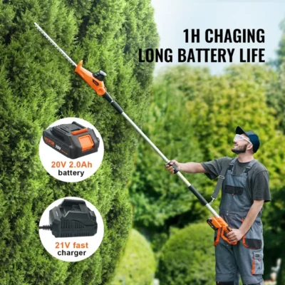 VEVOR Taille-Haie à Batterie 20V Taille-Haie Sans Fil Lame en Acier à Double Tranchant 45,7 cm Perche Télescopique 188-239 cm Coupe Haie Branches