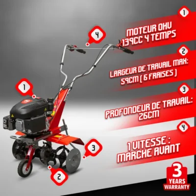 Motobineuse thermique 139CC – 6 fraises – Elem Garden