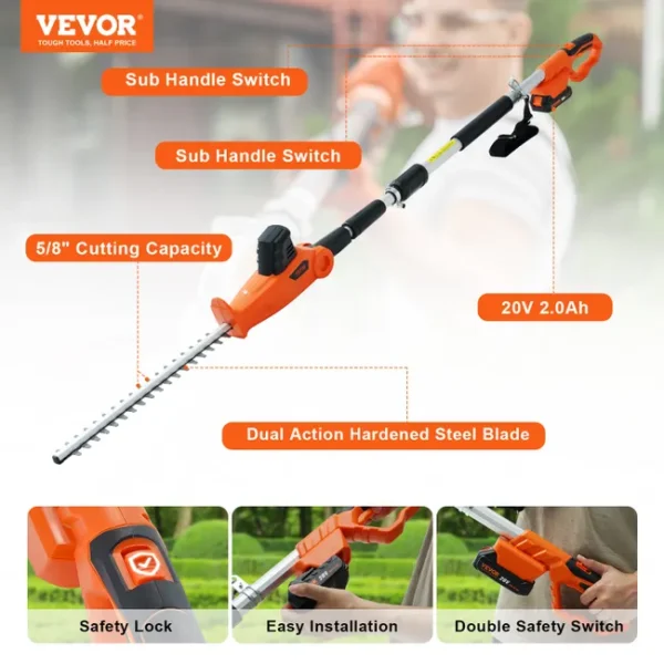VEVOR Taille-Haie à Batterie 20V Taille-Haie Sans Fil Lame en Acier à Double Tranchant 45,7 cm Perche Télescopique 188-239 cm Coupe Haie Branches – Image 5