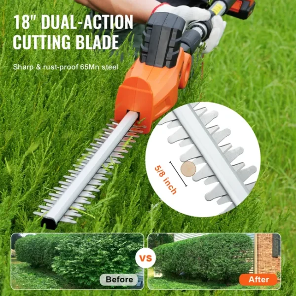 VEVOR Taille-Haie à Batterie 20V Taille-Haie Sans Fil Lame en Acier à Double Tranchant 45,7 cm Perche Télescopique 188-239 cm Coupe Haie Branches – Image 3