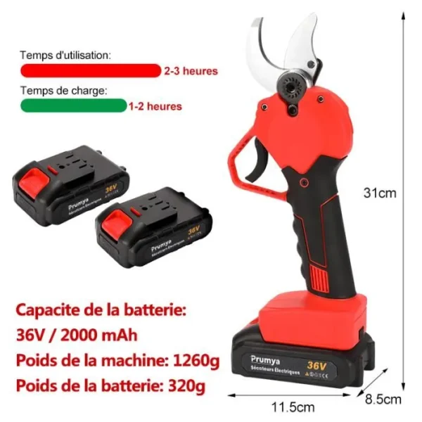 Sécateur Sans Fil Professionnel PRUMYA 750W 40mm Avec 2 Batteries Rechargeable – Image 4